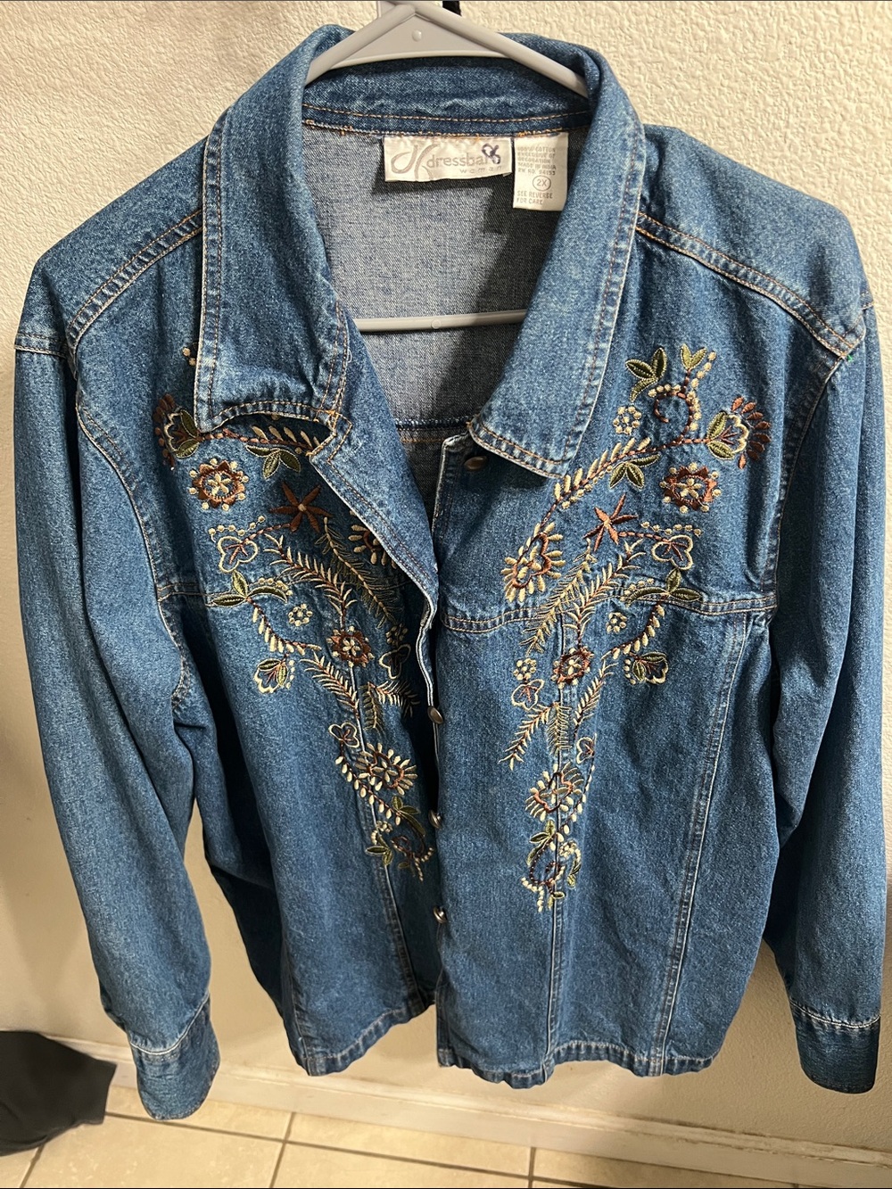 dressbarn Blue Denim Jacket with Floral Embroidery